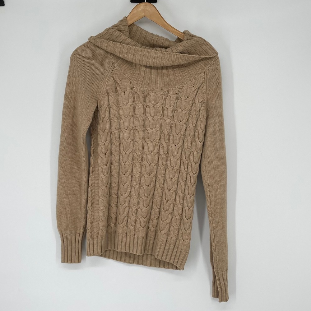 Banana Republic Women's XS Tan Cable Knit‎ Cowl Neck Wool Cashmere Sweater Cozy